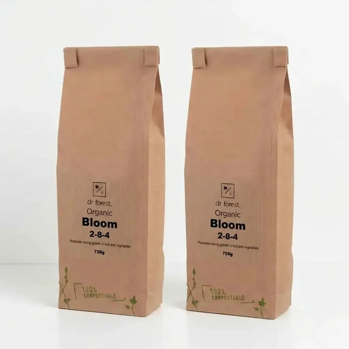 Two Dr Forest Organic Bloom 2-8-4 750g kraft paper bags — veg and bloom fertiliser range