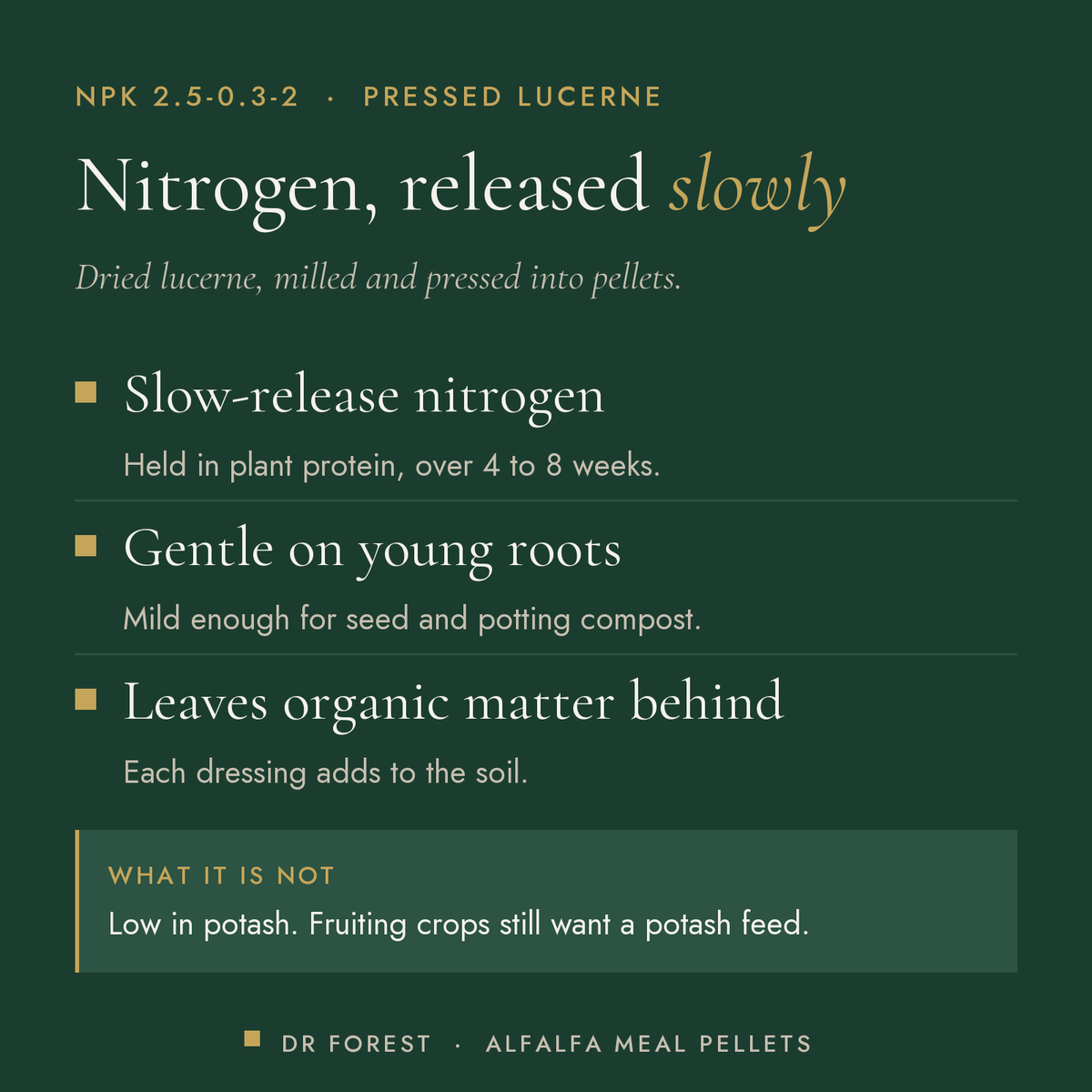 Dr Forest Alfalfa Meal Pellets 2.5-0.3-2 benefits: slow-release nitrogen, gentle on young roots, leaves organic matter behind