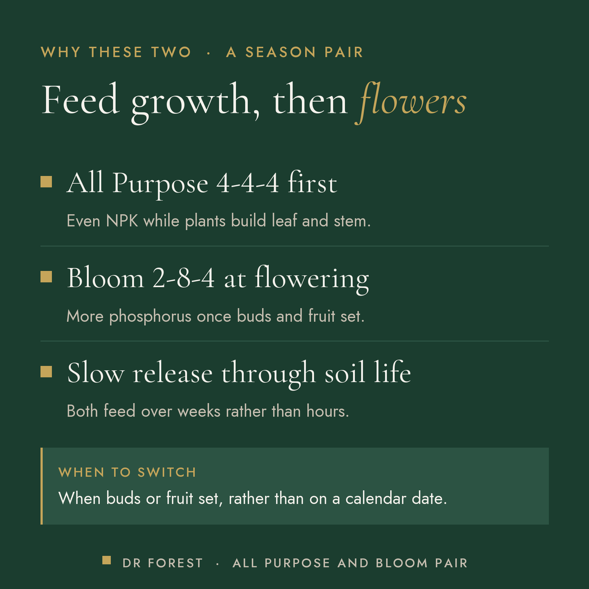 Dr Forest All Purpose & Bloom Feed Pair (bundle) benefits: all purpose 4-4-4 first, bloom 2-8-4 at flowering, slow release…