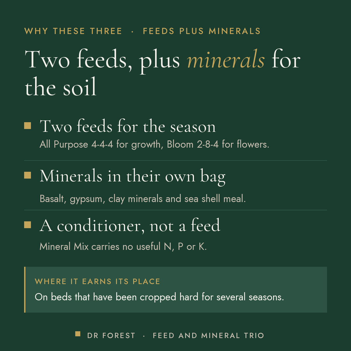 Dr Forest All Purpose, Bloom & Mineral Mix Trio (bundle) benefits: two feeds for the season, minerals in their own bag, a…