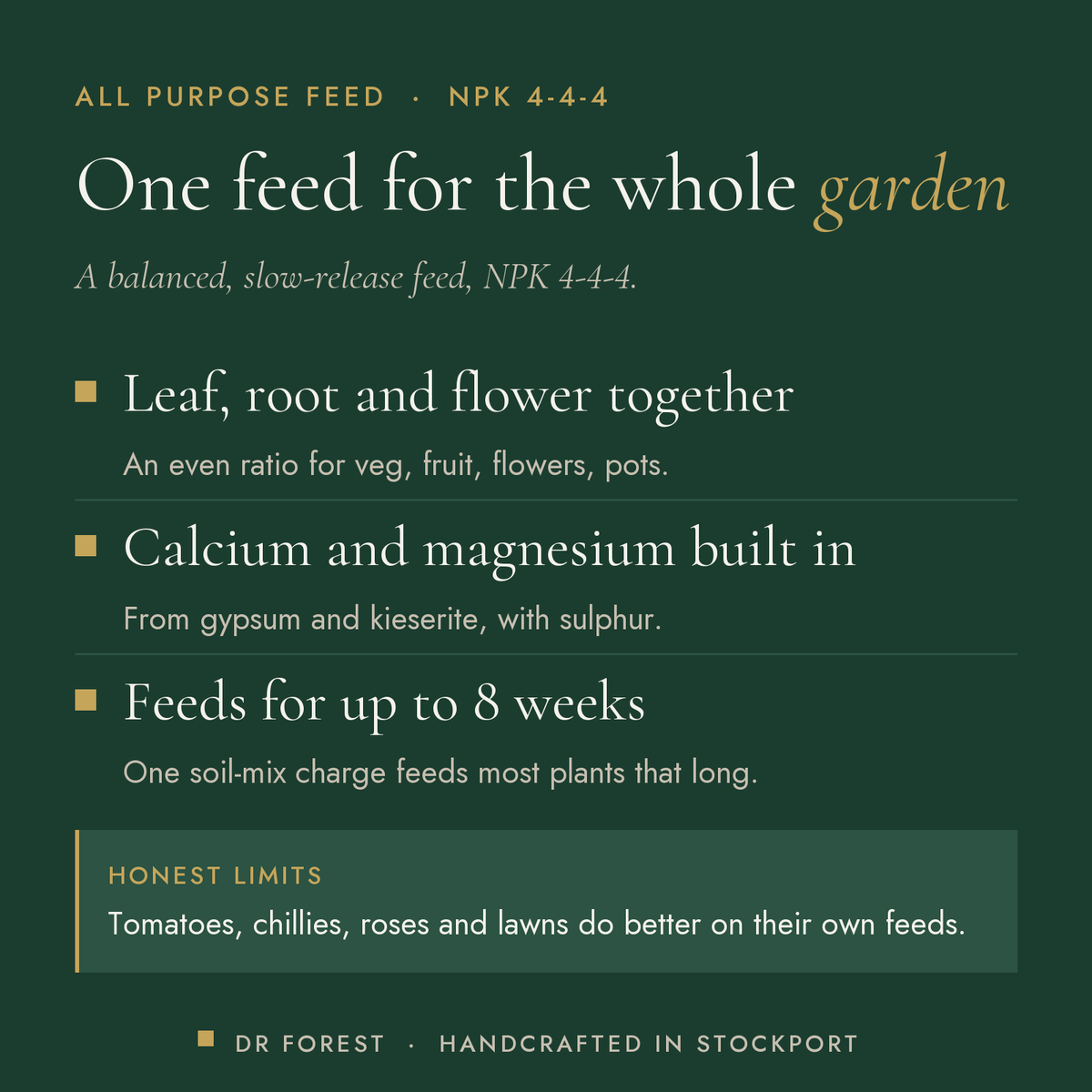 Dr Forest All Purpose Fertiliser 4-4-4 benefits: leaf, root and flower together, calcium and magnesium built in, feeds for…