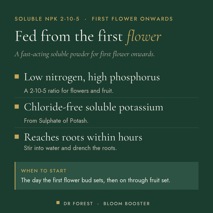 Dr Forest Bloom Booster 2-10-5 solution-grade powder benefits: low nitrogen, high phosphorus, chloride-free soluble…