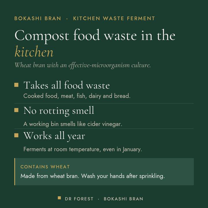 Dr Forest Bokashi Bran, kitchen food waste activator benefits: takes all food waste, no rotting smell, works all year