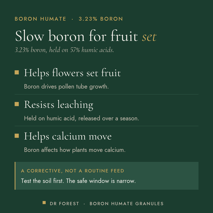 Dr Forest Boron Humate Granules, 3.23% boron benefits: helps flowers set fruit, resists leaching, helps calcium move