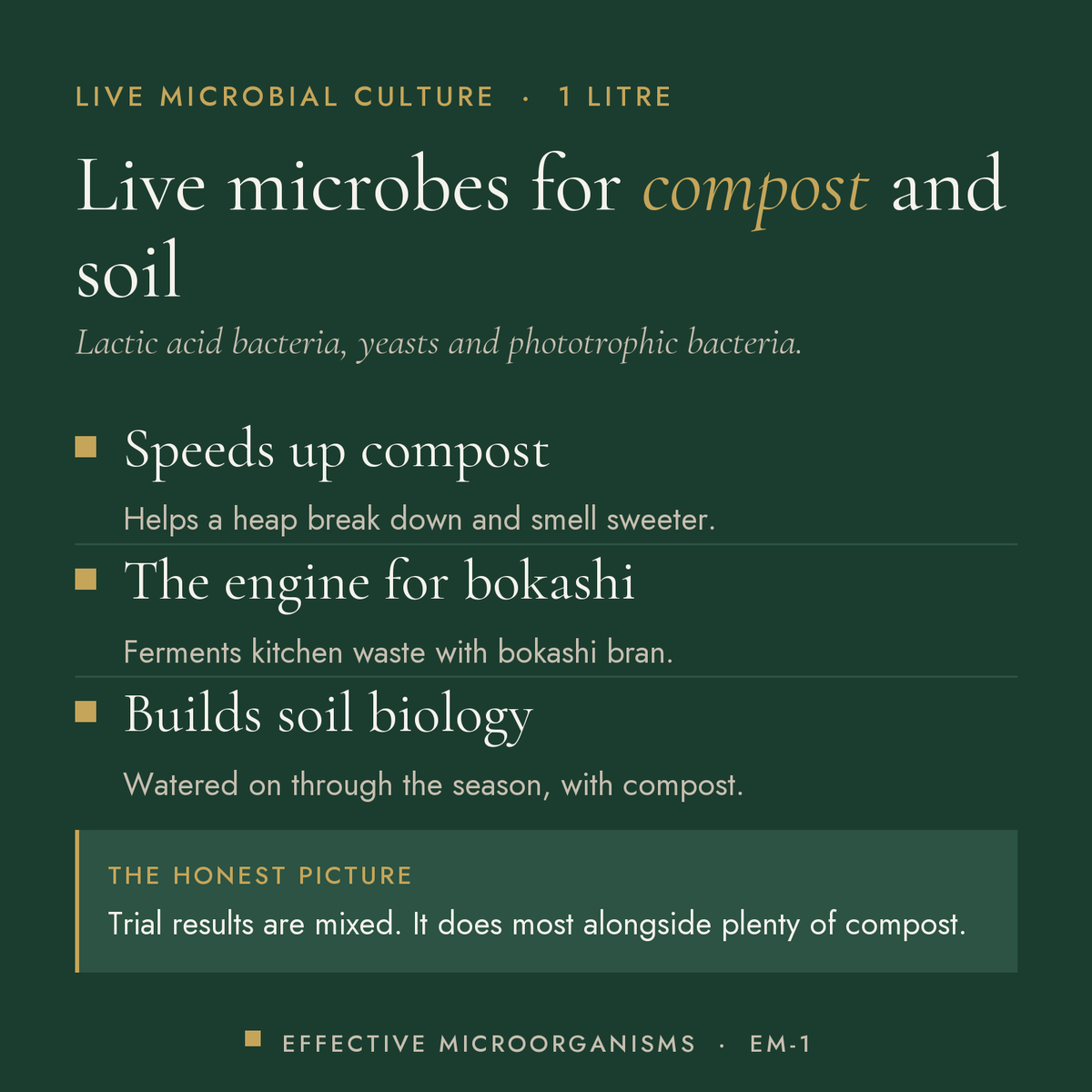 Dr Forest EM-1 Effective Microorganisms concentrate, 1 L benefits: speeds up compost, the engine for bokashi, builds soil…