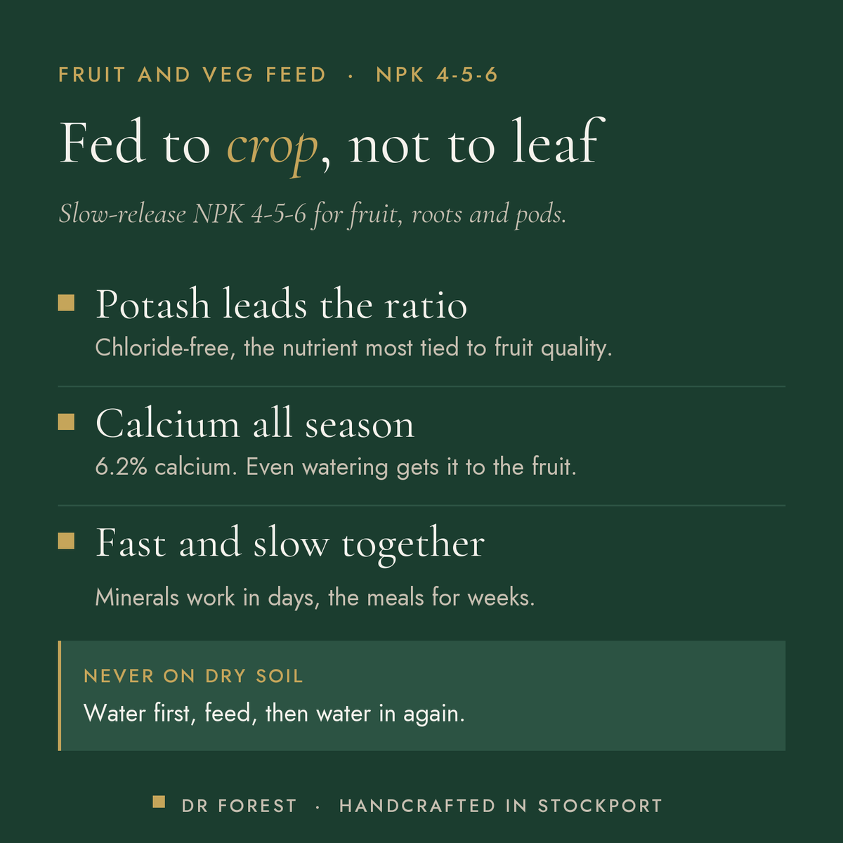 Dr Forest Fruit & Vegetable Fertiliser 4-5-6 benefits: potash leads the ratio, calcium all season, fast and slow together