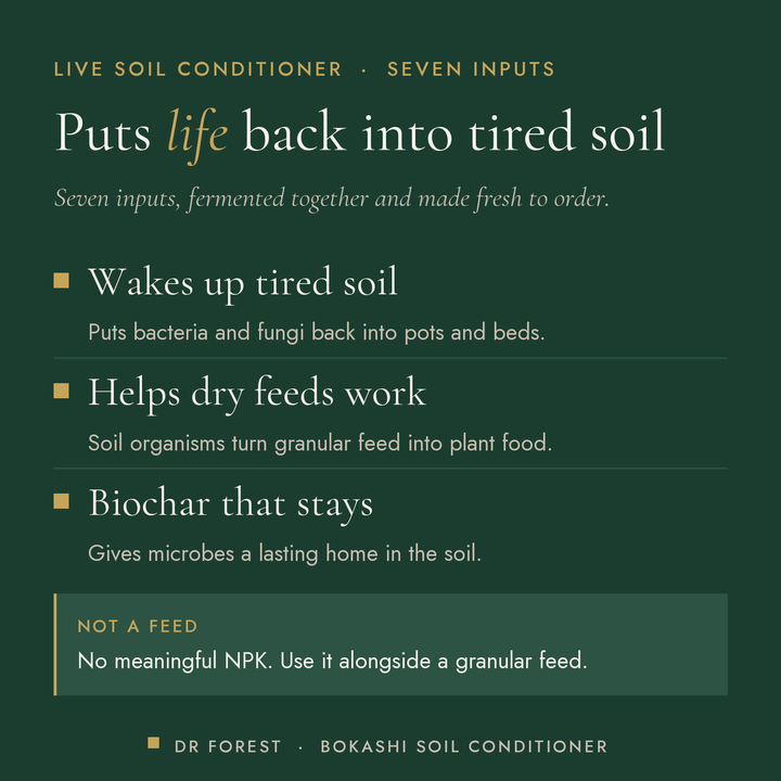 Dr Forest Grow-Kashi live bokashi soil conditioner benefits: wakes up tired soil, helps dry feeds work, biochar that stays