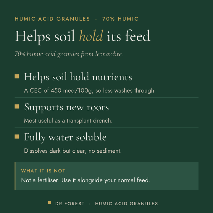 Dr Forest Humic Acid Granules, 70% humic benefits: helps soil hold nutrients, supports new roots, fully water soluble