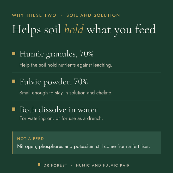Dr Forest Humic & Fulvic Acid Pair (bundle) benefits: humic granules, 70%, fulvic powder, 70%, both dissolve in water