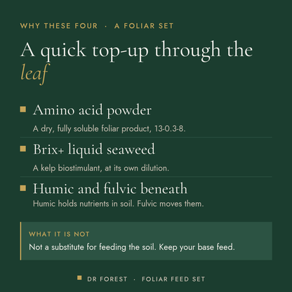 Dr Forest Humic, Fulvic, Seaweed & Amino Set (bundle) benefits: amino acid powder, brix+ liquid seaweed, humic and fulvic…