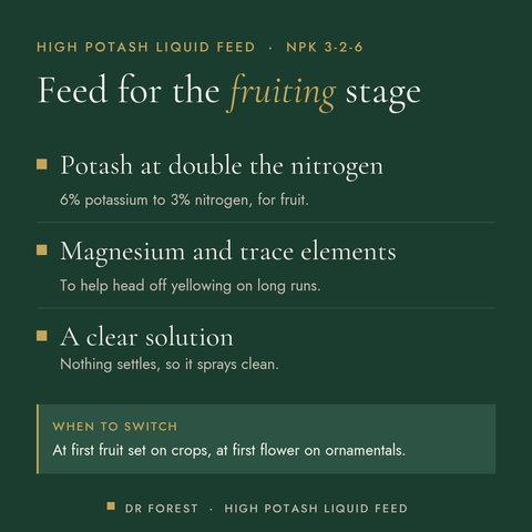 Dr Forest Liquid Fertiliser 3-2-6 High Potash benefits: potash at double the nitrogen, magnesium and trace elements, a…