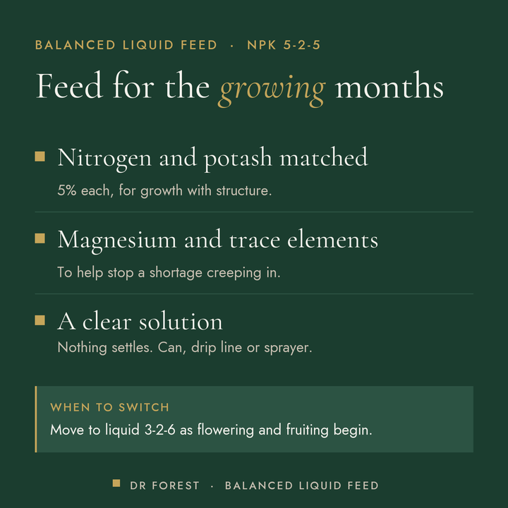 Dr Forest Liquid Fertiliser 5-2-5 Balanced benefits: nitrogen and potash matched, magnesium and trace elements, a clear…