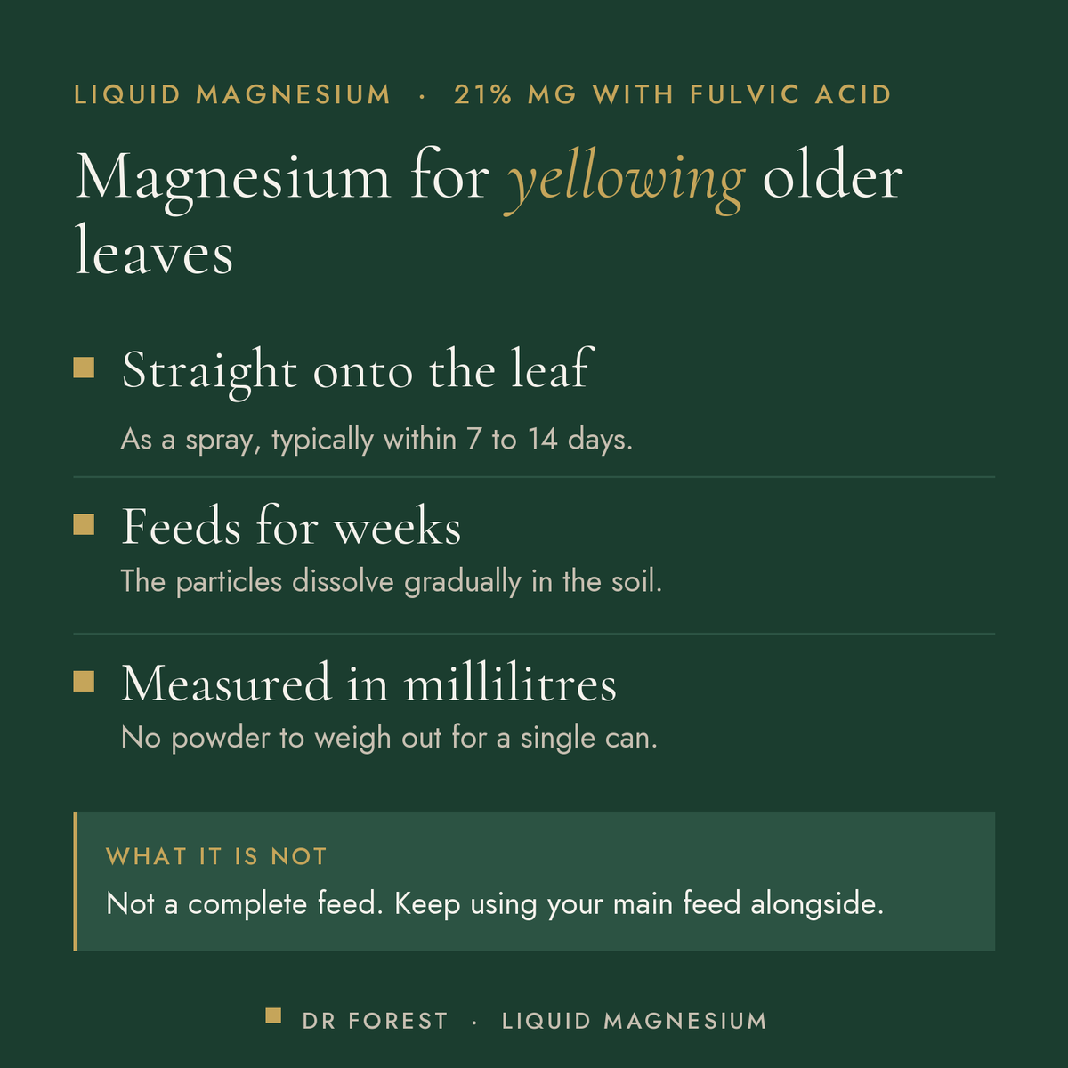 Dr Forest Liquid Magnesium 21% Mg benefits: straight onto the leaf, feeds for weeks, measured in millilitres