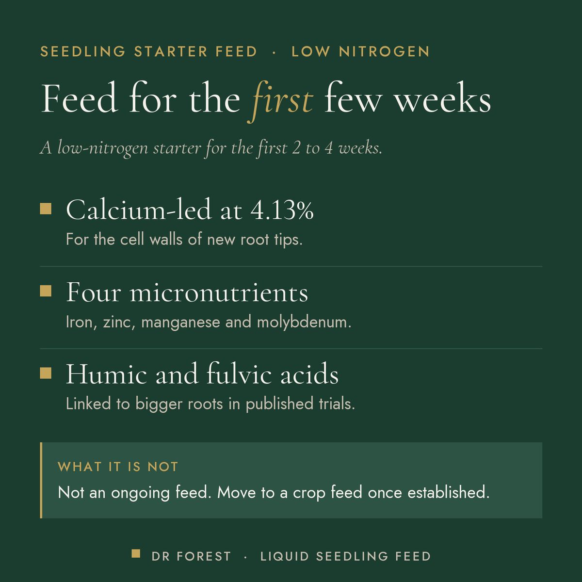 Dr Forest Liquid Seedling Fertiliser, root starter benefits: calcium-led at 4.13%, four micronutrients, humic and fulvic…