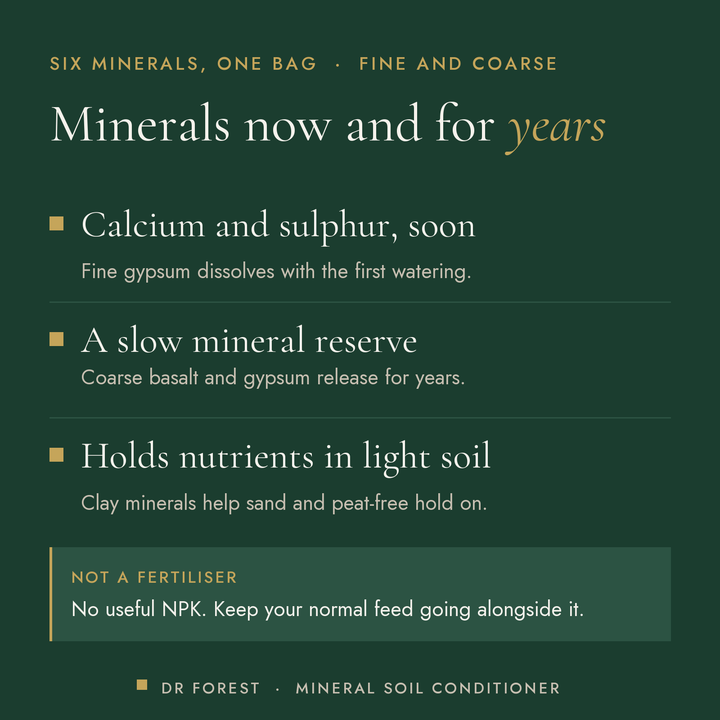 Dr Forest Mineral Mix for Plants, mineral soil conditioner benefits: calcium and sulphur, soon, a slow mineral reserve…