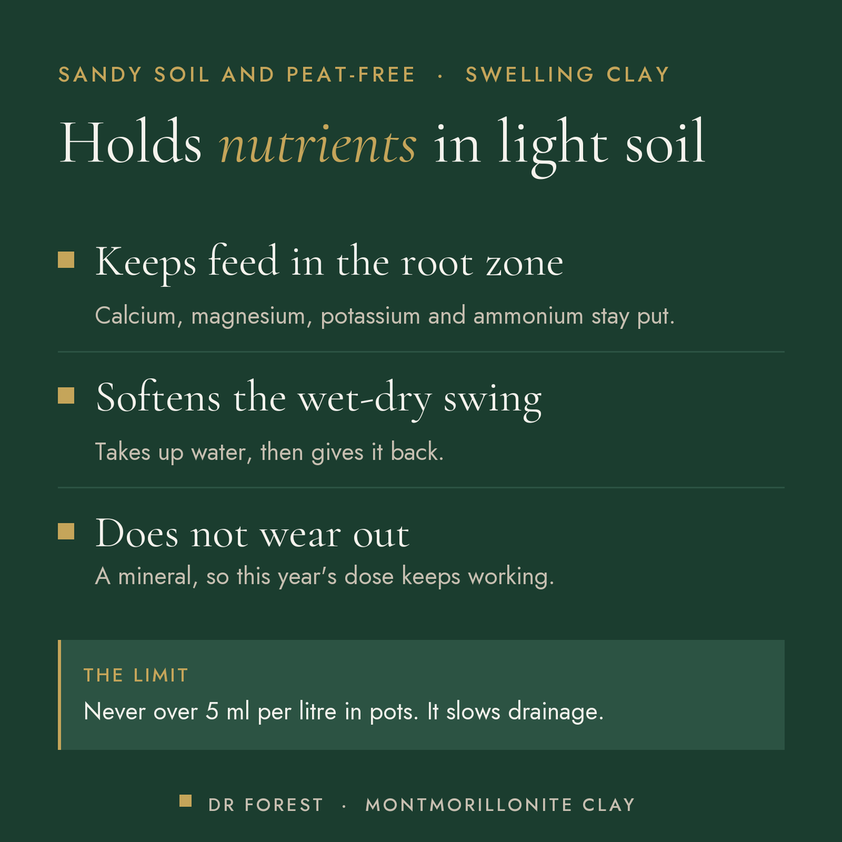 Dr Forest Montmorillonite Clay, soil CEC booster benefits: keeps feed in the root zone, softens the wet-dry swing, does not…