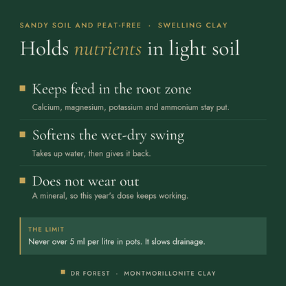 Dr Forest Montmorillonite Clay, soil CEC booster benefits: keeps feed in the root zone, softens the wet-dry swing, does not…