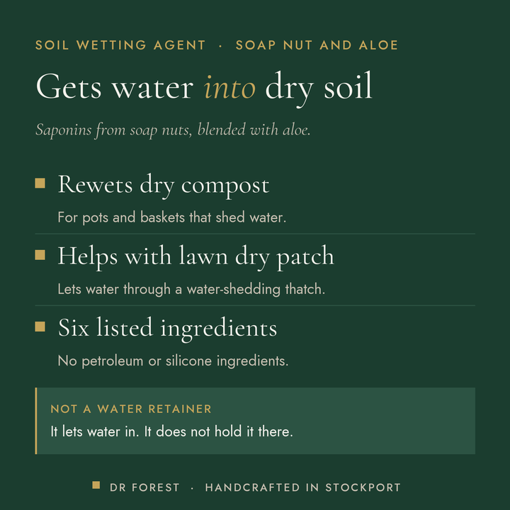 Dr Forest Natural Wetting Agent, soap nut and aloe benefits: rewets dry compost, helps with lawn dry patch, six listed…