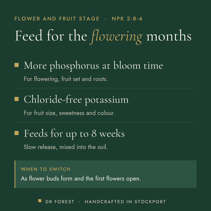 Dr Forest Organic Bloom Fertiliser 2-8-4 benefits: more phosphorus at bloom time, chloride-free potassium, feeds for up to…