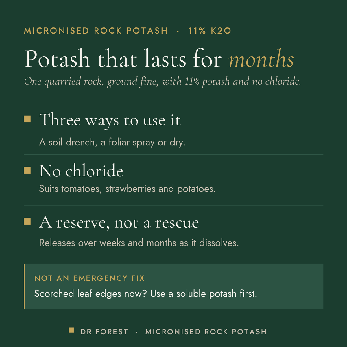 Dr Forest Potassium Rich Fertiliser (Micro-K), 11% K2O benefits: three ways to use it, no chloride, a reserve, not a rescue