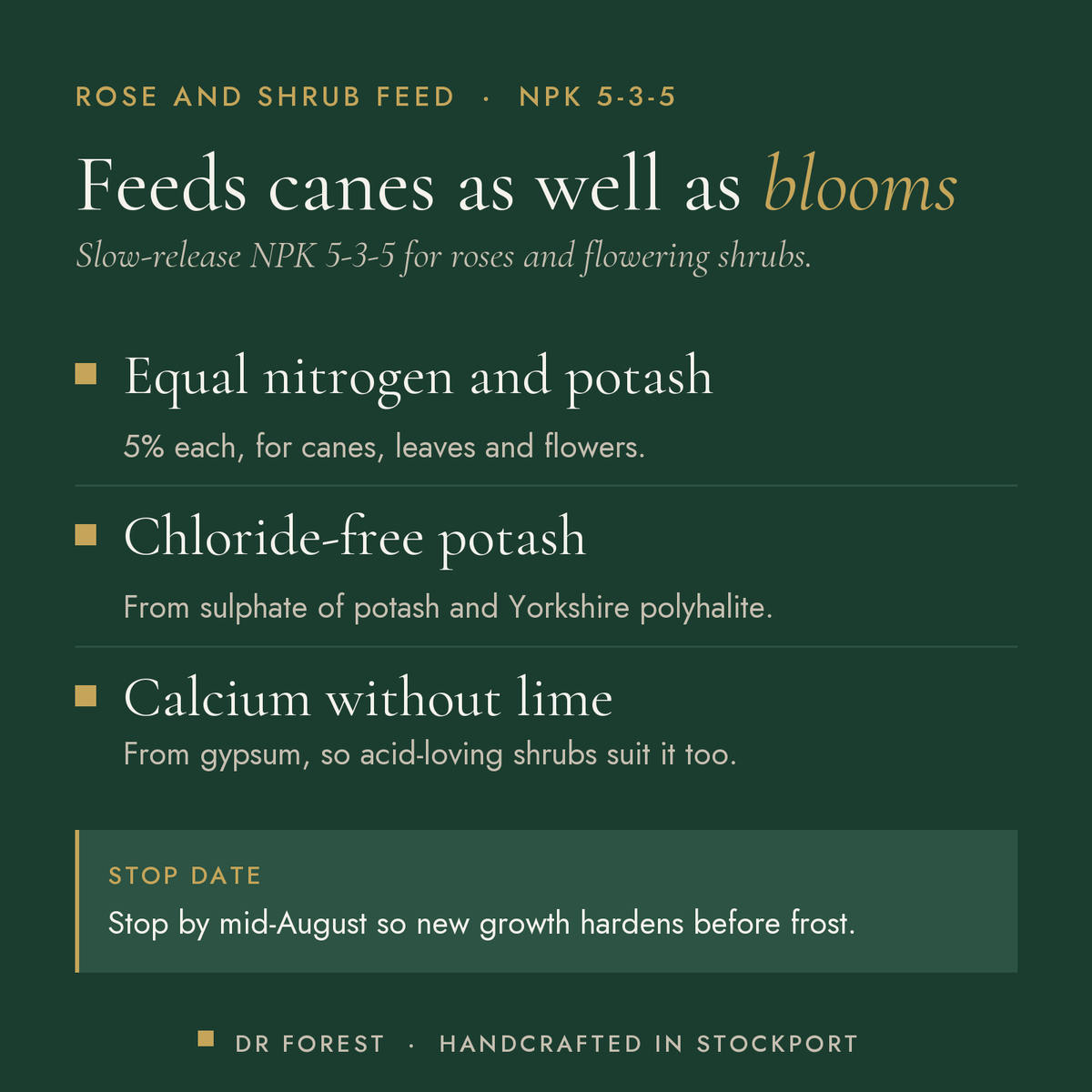 Dr Forest Rose & Shrub Feed 5-3-5 benefits: equal nitrogen and potash, chloride-free potash, calcium without lime