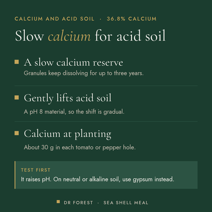 Dr Forest Sea Shell Meal, crushed shell calcium benefits: a slow calcium reserve, gently lifts acid soil, calcium at planting