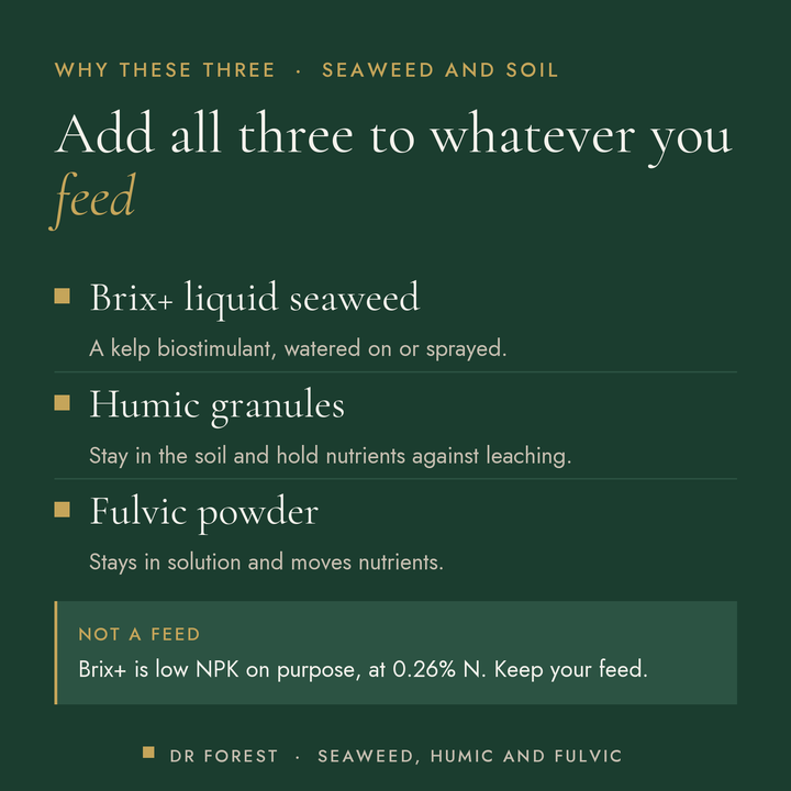 Dr Forest Seaweed Fertiliser, Humic & Fulvic Trio (bundle) benefits: brix+ liquid seaweed, humic granules, fulvic powder