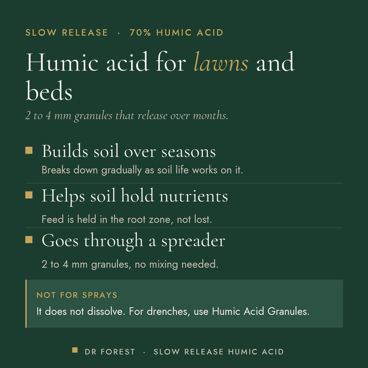 Dr Forest Slow Release Humic Acid, granular leonardite humate benefits: builds soil over seasons, helps soil hold…