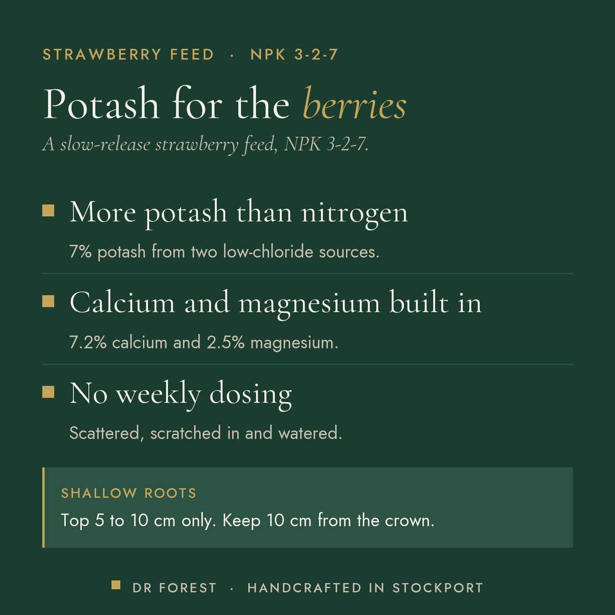 Dr Forest Strawberry Feed 3-2-7 benefits: more potash than nitrogen, calcium and magnesium built in, no weekly dosing