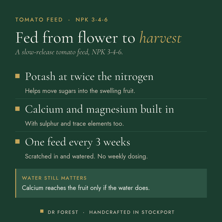 Dr Forest Tomato Feed 3-4-6 benefits: potash at twice the nitrogen, calcium and magnesium built in, one feed every 3 weeks