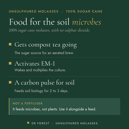 Dr Forest Unsulphured Sugar Cane Molasses benefits: gets compost tea going, activates em-1, a carbon pulse for soil