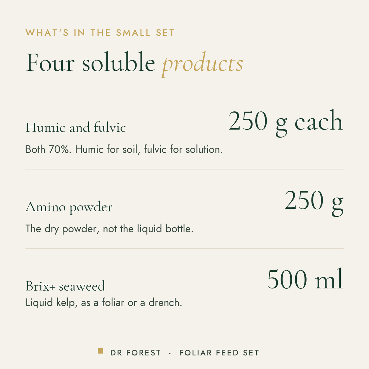 How to use Dr Forest Humic, Fulvic, Seaweed & Amino Set (bundle): Humic and fulvic 250 g each; Amino powder 250 g; Brix+…