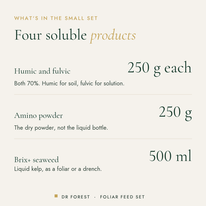 How to use Dr Forest Humic, Fulvic, Seaweed & Amino Set (bundle): Humic and fulvic 250 g each; Amino powder 250 g; Brix+…