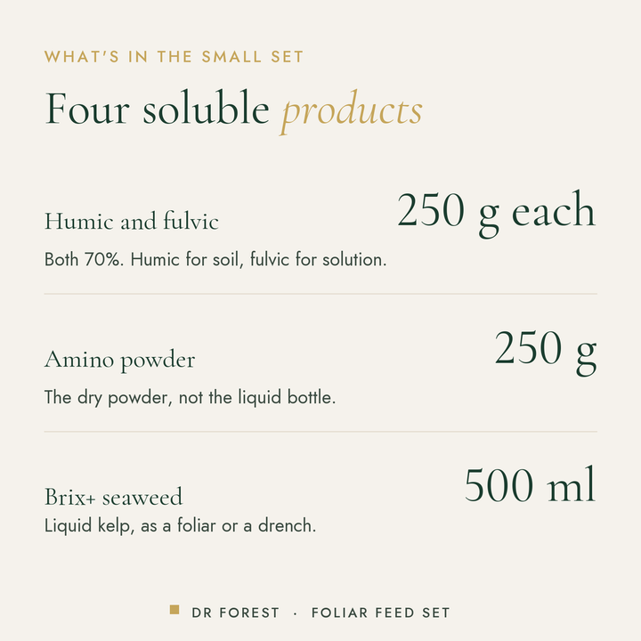 How to use Dr Forest Humic, Fulvic, Seaweed & Amino Set (bundle): Humic and fulvic 250 g each; Amino powder 250 g; Brix+…