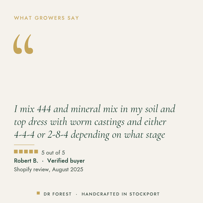 Customer review of Dr Forest All Purpose Fertiliser 4-4-4, 5 out of 5: I mix 444 and mineral mix in my soil and top dress…