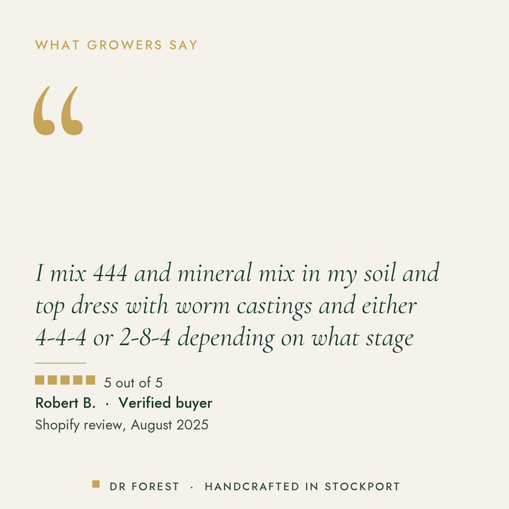 Customer review of Dr Forest All Purpose Fertiliser 4-4-4, 5 out of 5: I mix 444 and mineral mix in my soil and top dress…