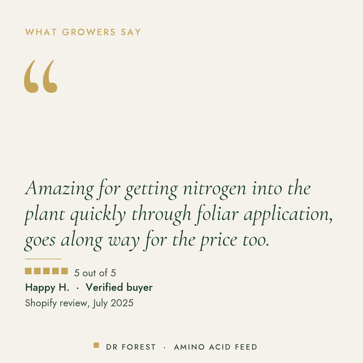 Customer review of Dr Forest Amino Acid Fertiliser, foliar feed, 5 out of 5: Amazing for getting nitrogen into the plant…
