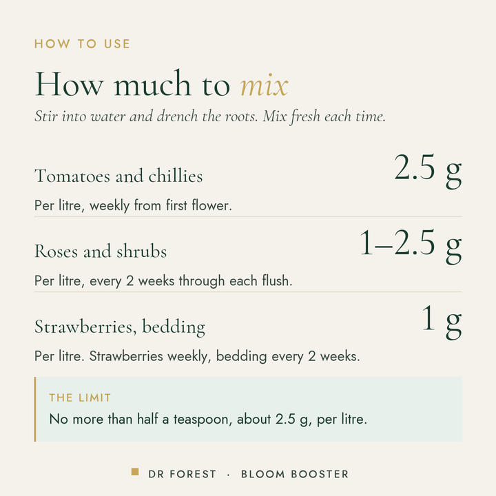 How to use Dr Forest Bloom Booster 2-10-5 solution-grade powder: Tomatoes and chillies 2.5 g; Roses and shrubs 1-2.5 g…