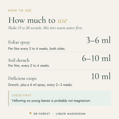 How to use Dr Forest Liquid Magnesium 21% Mg: Foliar spray 3-6 ml; Soil drench 6-10 ml; Deficient crops 10 ml