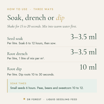 How to use Dr Forest Liquid Seedling Fertiliser, root starter: Seed soak 3-3.5 ml; Root drench 3-3.5 ml; Root dip 10 ml