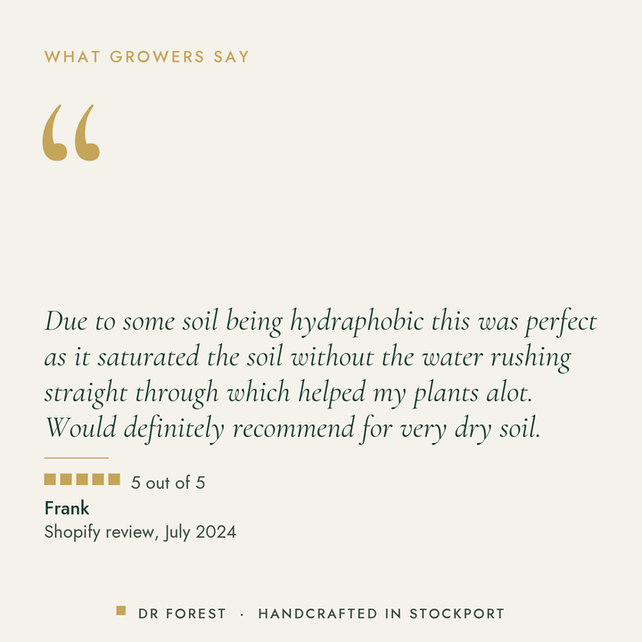 Customer review of Dr Forest Natural Wetting Agent, soap nut and aloe, 5 out of 5: Due to some soil being hydraphobic this…