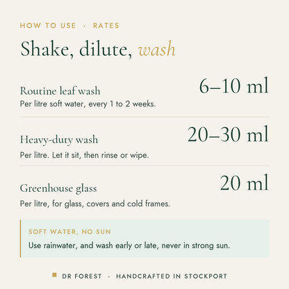 How to use Dr Forest Plant Soap, potassium soft soap: Routine leaf wash 6-10 ml; Heavy-duty wash 20-30 ml; Greenhouse glass…