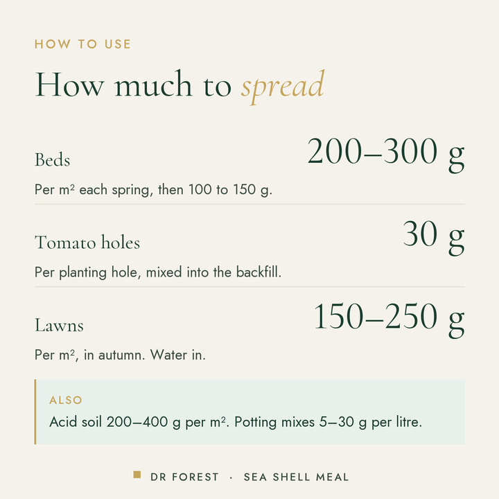 How to use Dr Forest Sea Shell Meal, crushed shell calcium: Beds 200-300 g; Tomato holes 30 g; Lawns 150-250 g