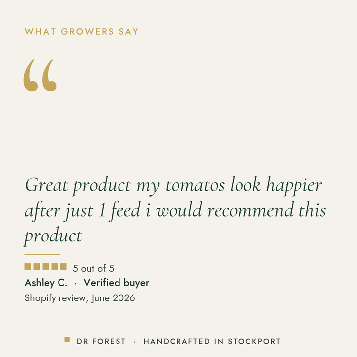 Customer review of Dr Forest Tomato Feed 3-4-6, 5 out of 5: Great product my tomatos look happier after just 1 feed i would…