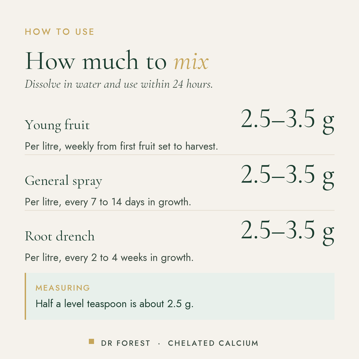 How to use Dr Forest Amino Chelated Calcium (Cal-Mino): Young fruit 2.5-3.5 g; General spray 2.5-3.5 g; Root drench 2.5-3.5 g