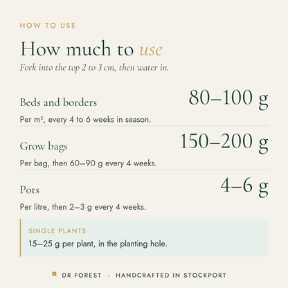 How to use Dr Forest Fruit & Vegetable Fertiliser 4-5-6: Beds and borders 80-100 g; Grow bags 150-200 g; Pots 4-6 g