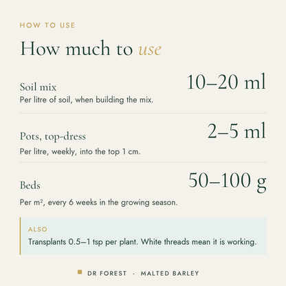 How to use Dr Forest Malted Barley, 250+ WK diastatic malt: Soil mix 10-20 ml; Pots, top-dress 2-5 ml; Beds 50-100 g