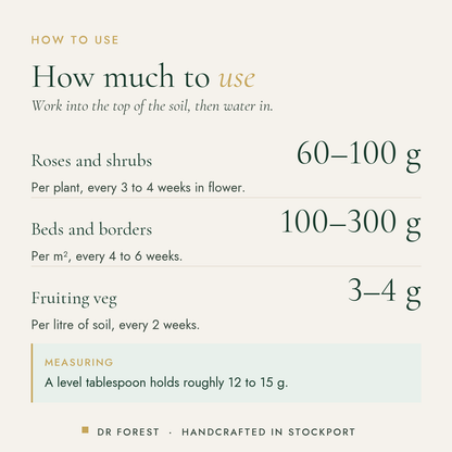 How to use Dr Forest Organic Bloom Fertiliser 2-8-4: Roses and shrubs 60-100 g; Beds and borders 100-300 g; Fruiting veg…