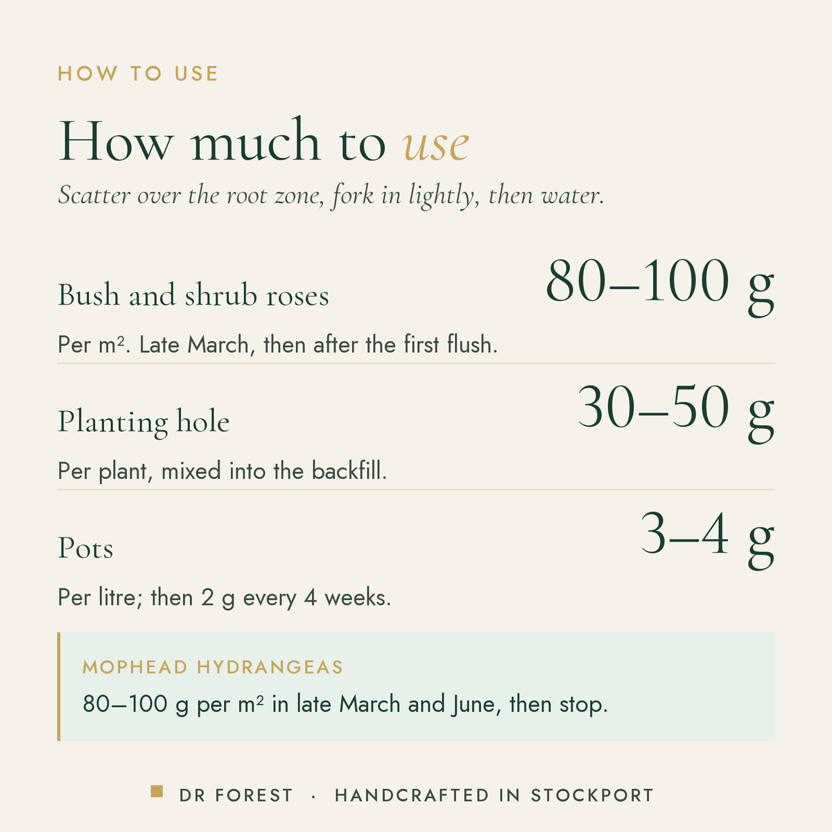 How to use Dr Forest Rose & Shrub Feed 5-3-5: Bush and shrub roses 80-100 g; Planting hole 30-50 g; Pots 3-4 g
