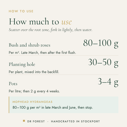 How to use Dr Forest Rose & Shrub Feed 5-3-5: Bush and shrub roses 80-100 g; Planting hole 30-50 g; Pots 3-4 g